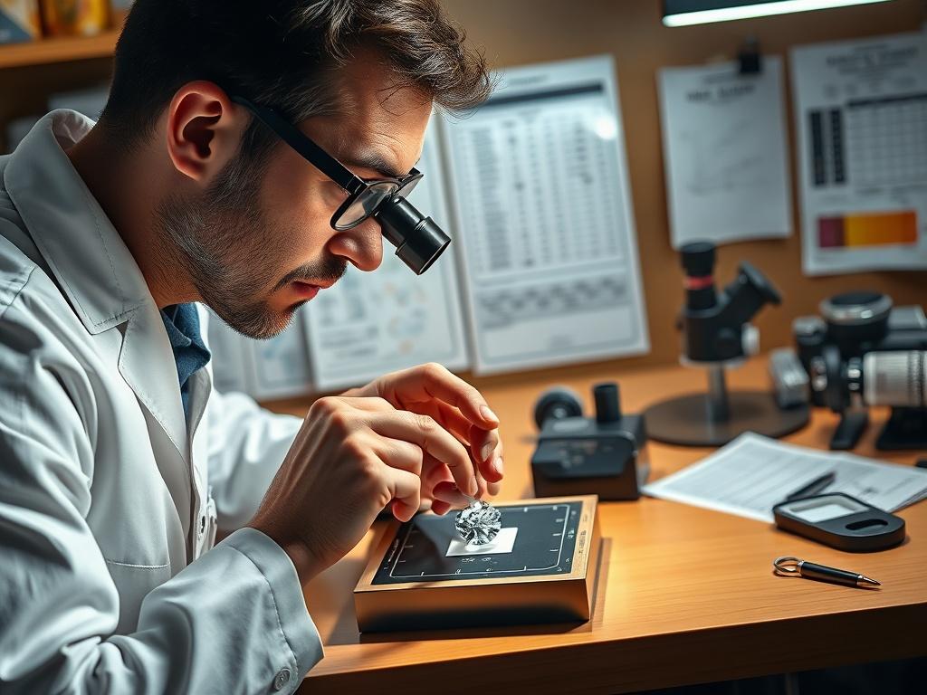 A high-resolution image of a gemologist examining a diamond with a loupe, seated at a well-lit workbench filled with gemological tools. The diamond is placed on a grading tray, with various grading charts and notes visible in the background. The gemologist is focused and serious, reflecting the meticulous nature of the grading process. The composition should emphasize the diamond and the expert at work, using a color palette that harmonizes with the rgb(50, 170, 39) primary color.