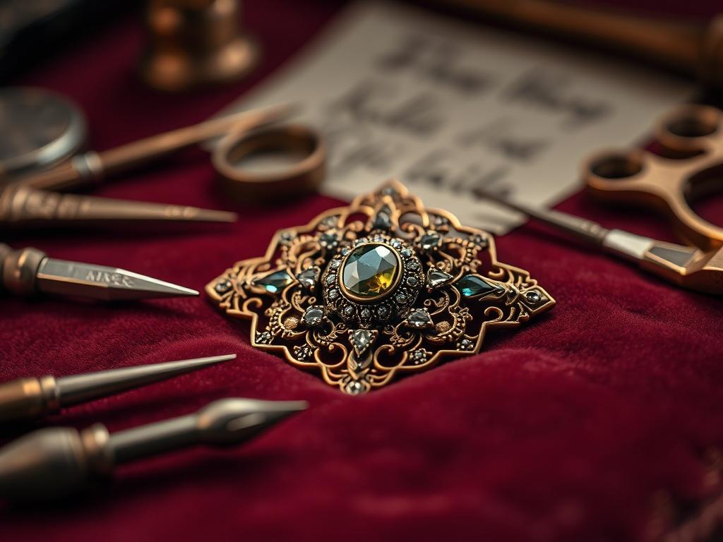 A detailed close-up of an antique brooch displayed on a velvet cloth, surrounded by tools for appraisal. The brooch features intricate designs with gemstones, reflecting history and craftsmanship. The background is softly blurred to keep the focus on the brooch, with warm lighting enhancing its allure. The composition should evoke a sense of timeless beauty and expertise, using a color scheme that aligns with the rgb(50, 170, 39) primary color.