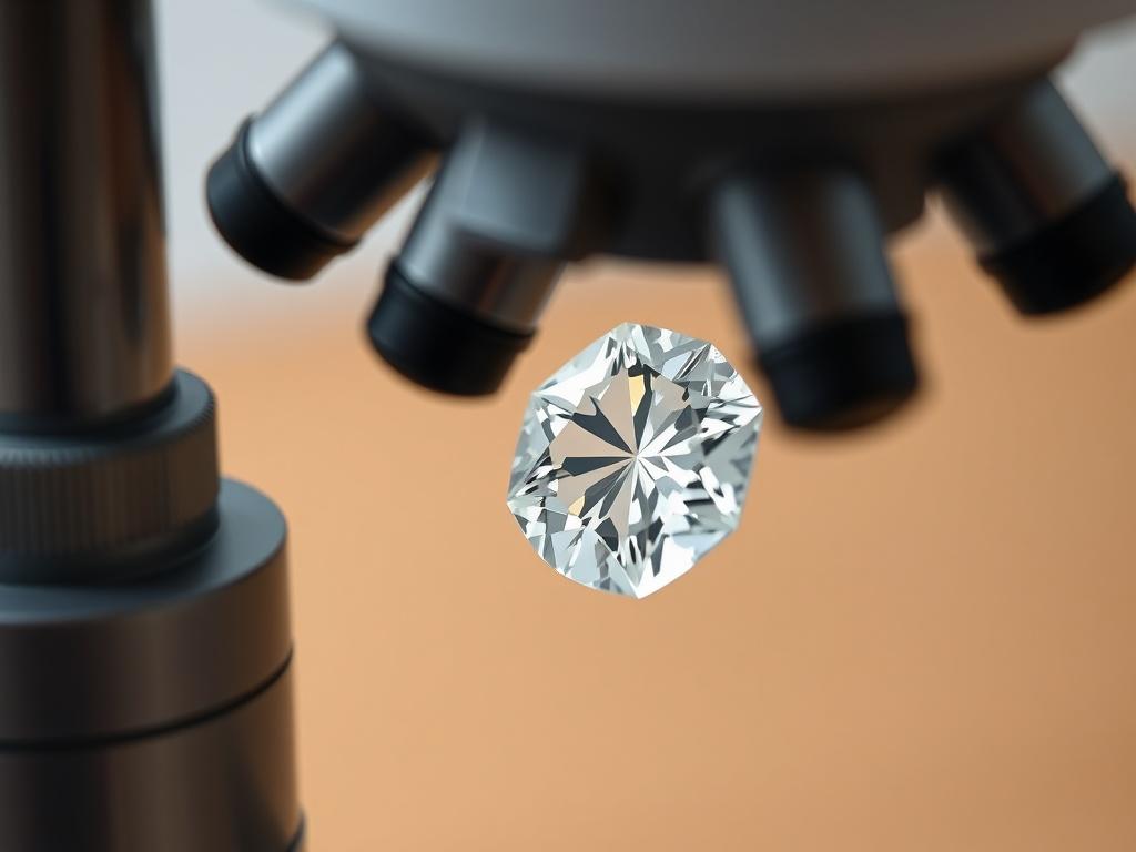 Hyper-realistic close-up of a diamond being graded under a microscope, showcasing the precision and detail of the grading process. The environment should include grading tools and a soft, neutral background to accentuate the diamond.