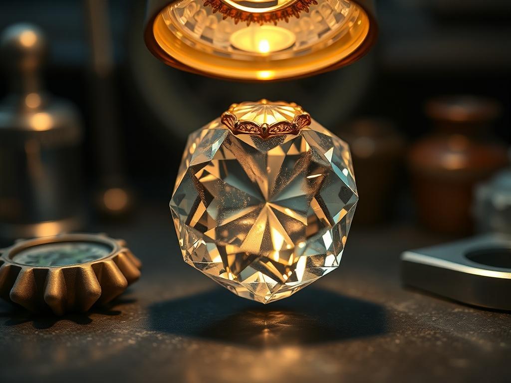 Close-up of an antique gemstone being examined under specialized lighting with gemological tools in the background. The focus should be on the intricate details of the gemstone, emphasizing its age and historical significance.