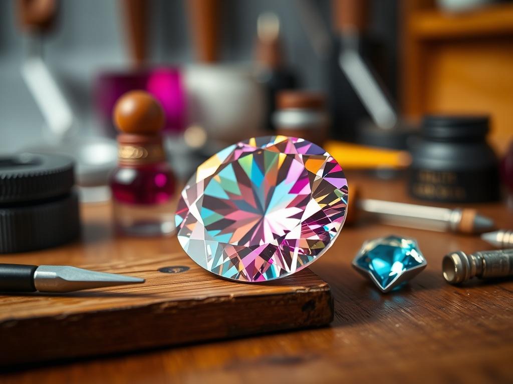 Close-up shot of a certified gemstone on a wooden table, with a soft focus background showcasing a gemologist's tools. The gemstone should be colorful and sparkly, highlighting its clarity and brilliance. The lighting should be warm, emphasizing the gemstone's features.