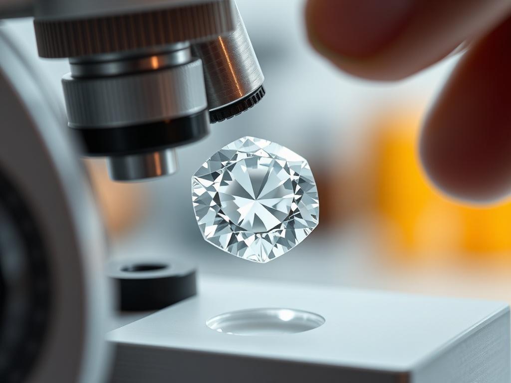 A hyper-realistic close-up shot of a lab-grown diamond under examination with gemological equipment, emphasizing clarity and testing tools. The background is softly blurred to highlight the diamond.