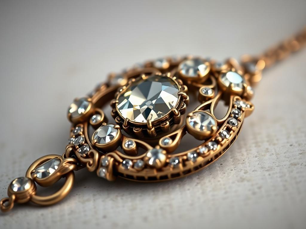 A hyper-realistic close-up shot of an antique piece of jewelry, showcasing intricate details and sparkling gems, set against a neutral background. The focus is sharp on the jewelry to highlight its craftsmanship.