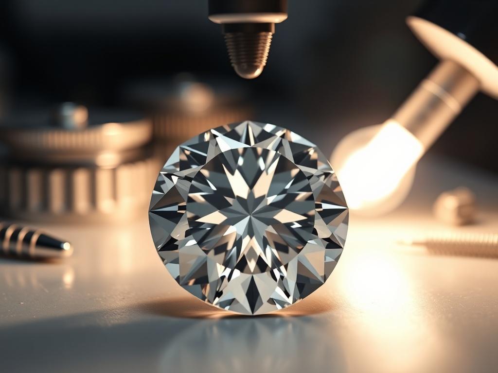 A hyper-realistic close-up shot of a rare diamond being graded under bright lights, with gemological tools in the background. The focus is sharp on the diamond to highlight its brilliance.