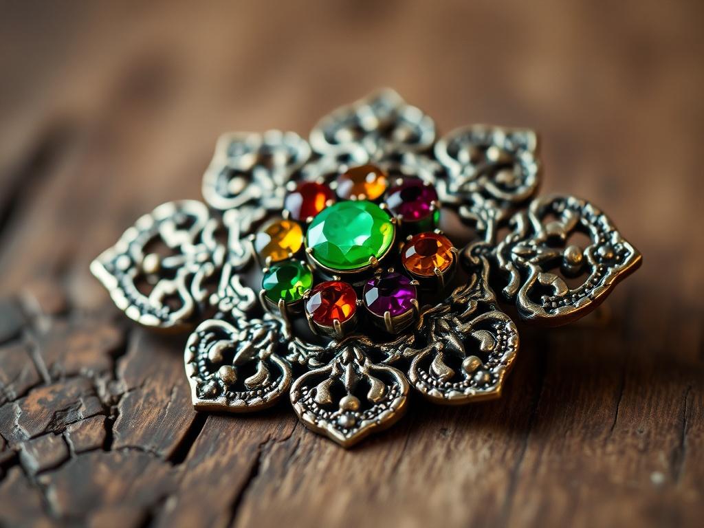 A stunning close-up of an antique Victorian brooch, featuring intricate metalwork and a cluster of colorful gemstones. The brooch is displayed on a rustic wooden surface, highlighting its vintage charm. The background is gently blurred to emphasize the details of the brooch's design, including its ornate edges and the brilliance of the stones. This hyper-realistic image should capture the elegance of the piece, shot with a 45mm f/1.2 lens.