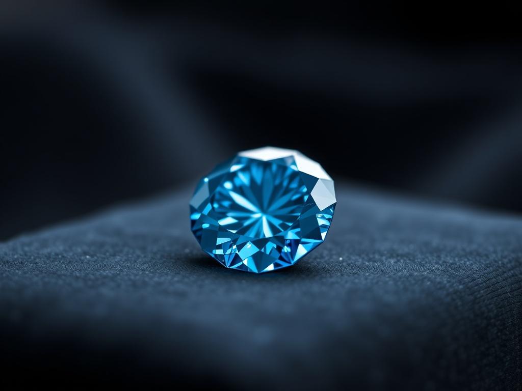 A close-up shot of a rare blue diamond, showcasing its brilliant cut and vibrant color. The diamond is placed on a sleek black velvet surface, enhancing its allure. The background is softly blurred to draw attention to the diamond's intricate facets and clarity, capturing the light to create sparkling reflections. The image should be hyper-realistic, focusing on the diamond's unique hue and craftsmanship, shot with a 45mm f/1.2 lens.