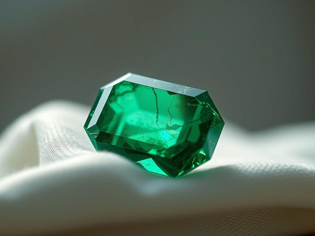 A captivating close-up of a certified uncut emerald, showcasing its natural beauty and raw edges. The emerald is placed on a soft white cloth, allowing its deep green color to stand out. The background is softly blurred, focusing on the stone's unique shape and internal inclusions that tell its geological story. The image should be hyper-realistic, highlighting the emerald's authenticity and character, shot with a 45mm f/1.2 lens.