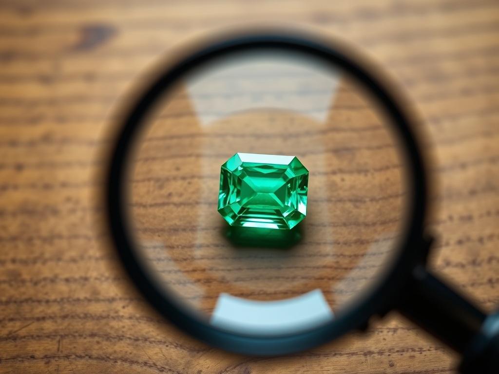 Create a realistic high-resolution photo of a single gemstone being examined under a magnifying glass to illustrate the theme "Detection of Gemstones." The composition should be simple and clear, focusing solely on the gemstone and the magnifying glass. The gemstone, a brilliant emerald, should be displayed prominently at the center, showcasing its vibrant green color and clarity. 

Background should be softly blurred, featuring a wooden surface that adds warmth to the scene, allowing the gemstone to stand 