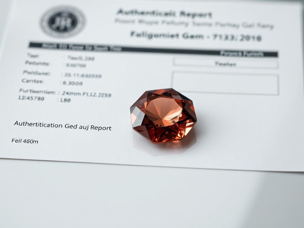 An exquisite uncut gem placed on a polished surface, accompanied by a detailed authentication report, captured in hyper-realistic style with a 45mm f/1.2 lens.