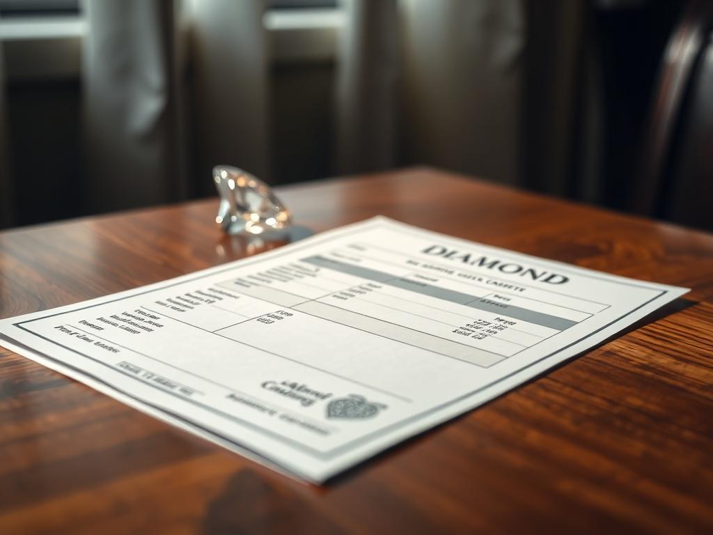 A close-up shot of a diamond grading report displayed elegantly on a wooden table, with a diamond in the background, captured in hyper-realistic style with a 45mm f/1.2 lens.