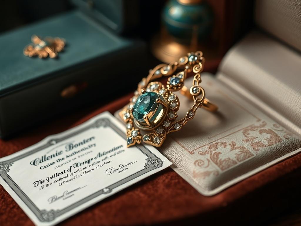 A vintage piece of jewelry elegantly displayed on a velvet cloth, with a certificate of authenticity beside it, shot in hyper-realistic detail with a 45mm f/1.2 lens.