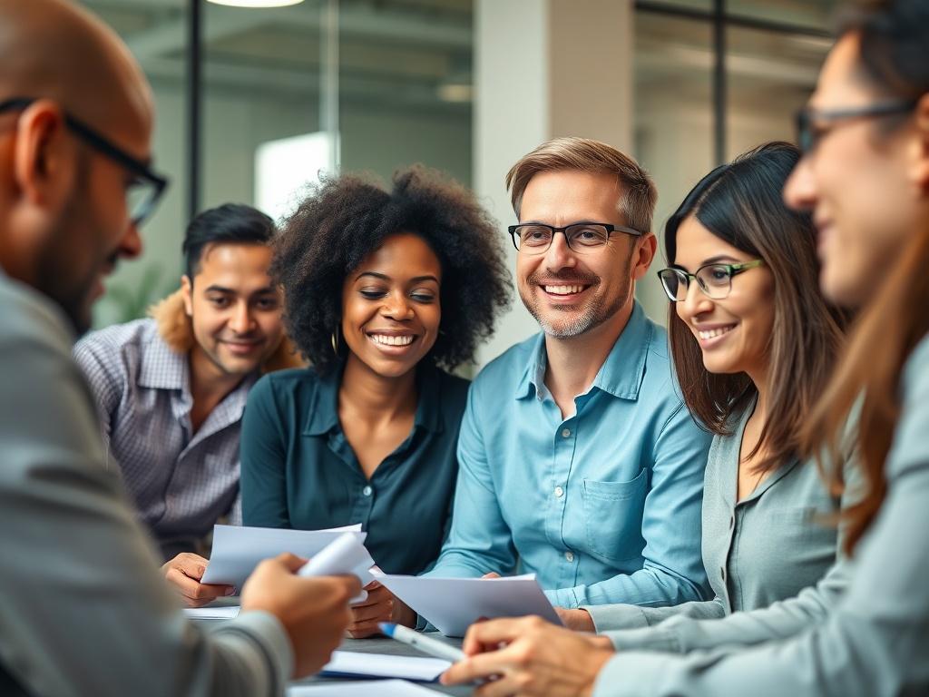 A close-up shot of a diverse group of professionals engaged in a dynamic training session. The image captures a passionate facilitator leading a workshop, with participants actively participating and taking notes. The background is a modern office space, subtly blurred to keep the focus on the interaction. The lighting is bright and inviting, emphasizing a collaborative and positive atmosphere. The color scheme includes shades of teal and green, aligning with the primary color rgb(4, 104, 120).