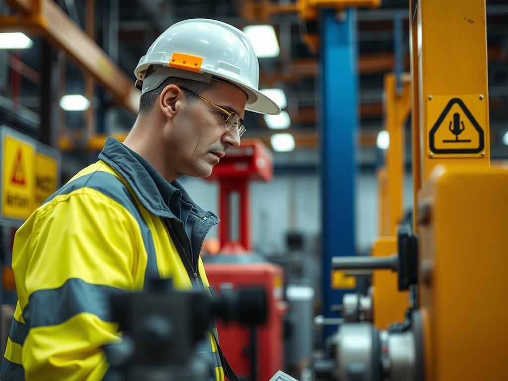 A close-up shot of a safety officer wearing a high-visibility jacket and hard hat, actively inspecting machinery on a shop floor. The background features well-organized equipment and safety signage, emphasizing a safe working environment. The focus is sharp on the safety officer, highlighting their attention to detail and commitment to workplace safety. The image is rendered in hyper-realistic style, with vibrant colors and a warm light that enhances the professionalism of the scene.