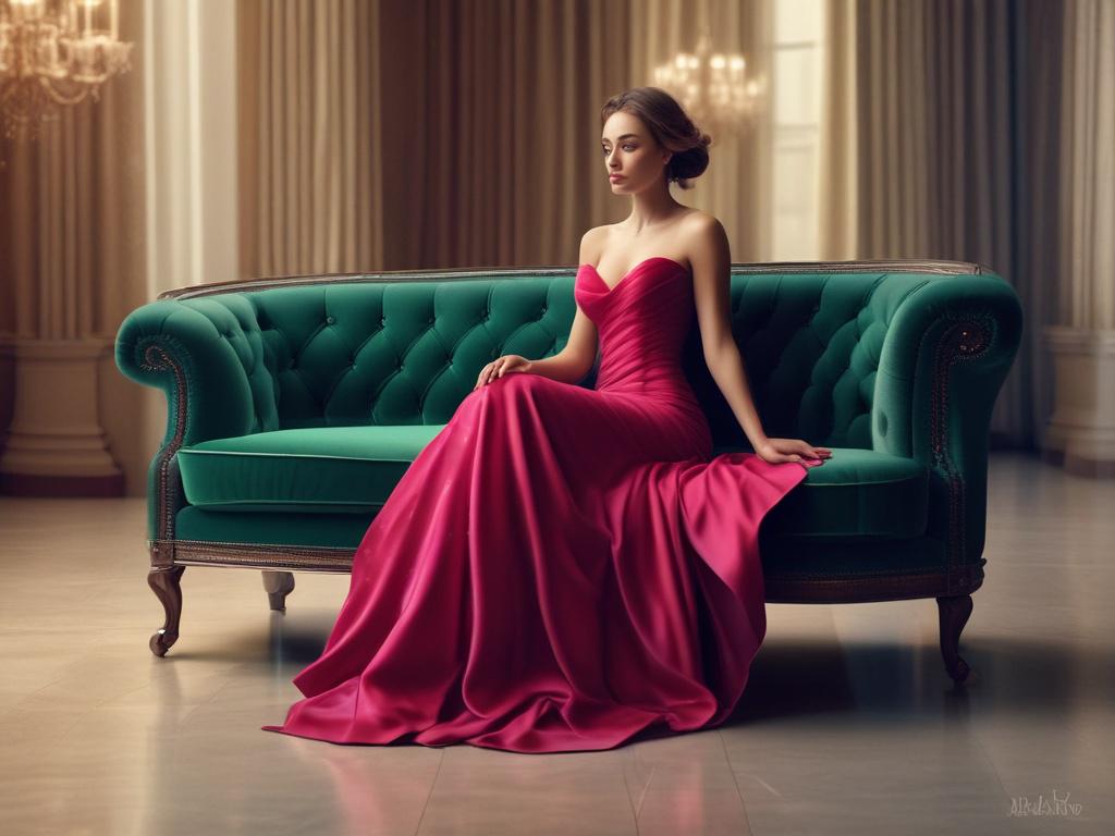 A stunning, elegant woman in a luxurious setting, dressed in