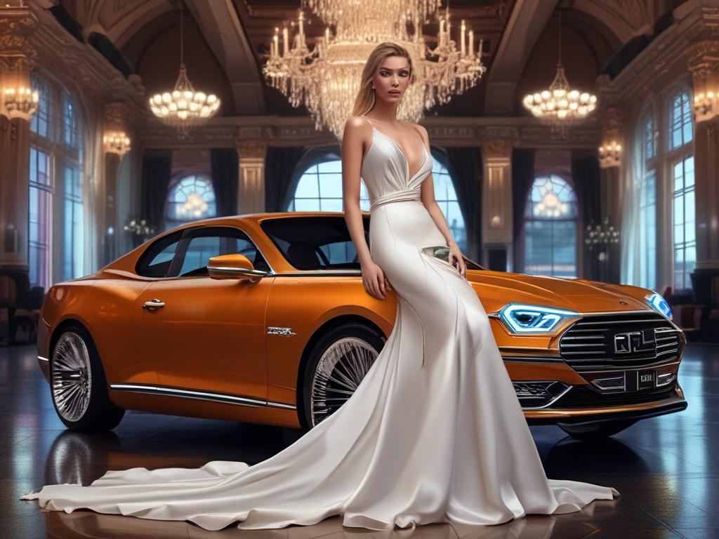 A glamorous escort in an exquisite evening gown at a