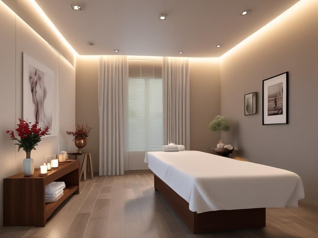 An inviting massage room featuring soft ambient lighting and plush