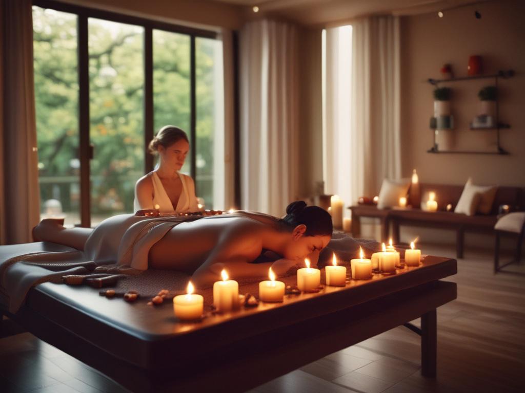 A serene setting featuring a beautiful woman performing a massage