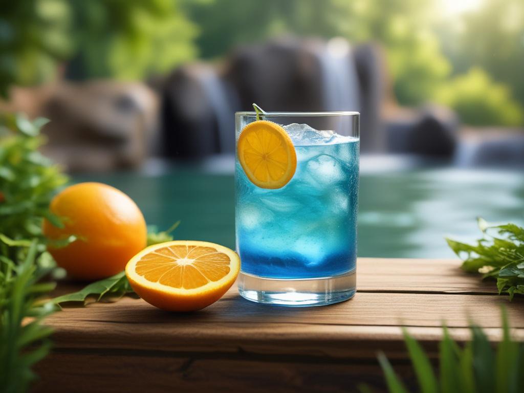 a blue non-alcoholic drink with orange slices as garnish, set in a peaceful oasis. The setting features lush greenery, soft sunlight filtering through leaves, and a tranquil water feature in the background. The drink is in a clear glass, emphasizing its vibrant color and refreshing appearance, creating a serene and inviting atmosphere.