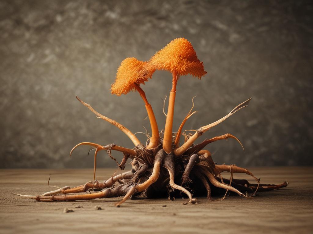 A single, realistic Cordyceps mushroom against a rustic background, showcasing its unique shape and texture. The scene is naturally lit, highlighting earthy tones and textures that evoke a sense of health and vitality.
