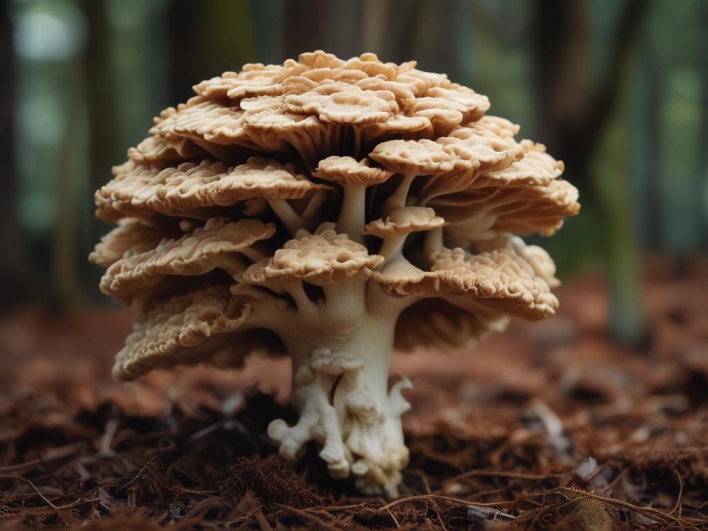 A high-resolution photo of Maitake Mushroom, showcasing its feathery, layered structure. The background should be earthy and organic, reflecting the natural habitat of the mushroom.