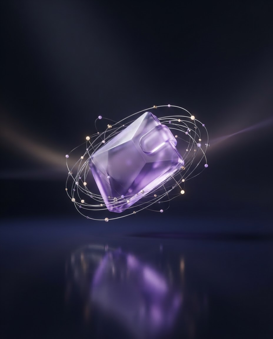 Abstract violet glass wallet surrounded by a glowing network of digital nodes