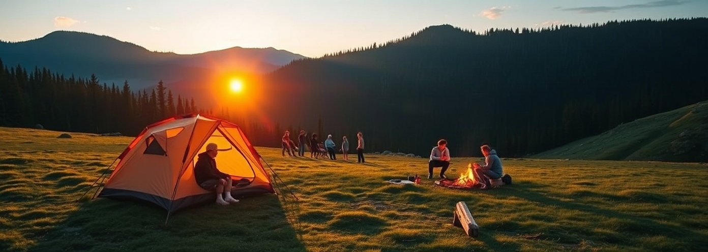 Mountain camping scene at sunrise