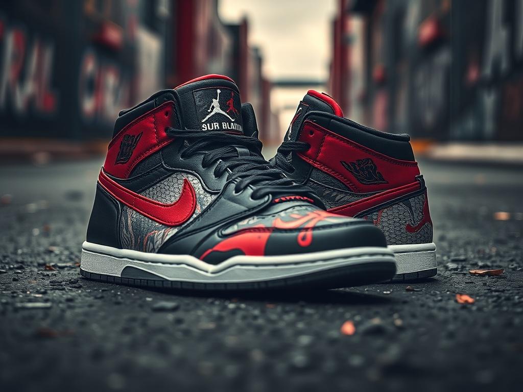 A realistic high resolution featuring a pair of customized Jordan