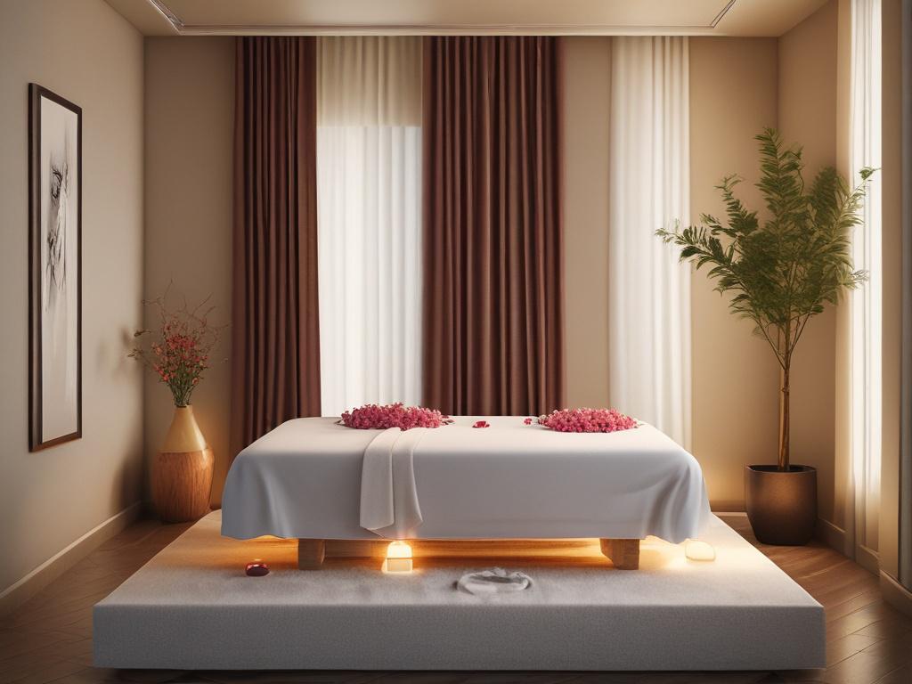 A serene spa setting featuring a beautifully arranged massage table