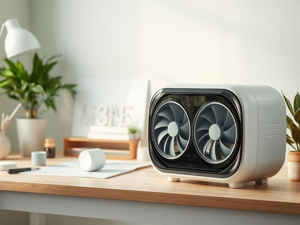 **Prompt for AI Image Generation:**

Create a realistic high-resolution photo that depicts the journey of the EcoAir™ Dual Fan Dryer from concept to creation. The composition should be simple and clear, featuring a close-up view of the EcoAir™ Dual Fan Dryer prominently in the foreground, showcasing its sleek, eco-friendly design. The fan dryer should be set against a soft, bright background that evokes a sustainable atmosphere, with natural hues like greens and soft blues to resonate with the brand's eco-c