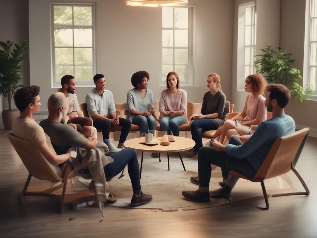 high resolution of a supportive group therapy session, soft tones,