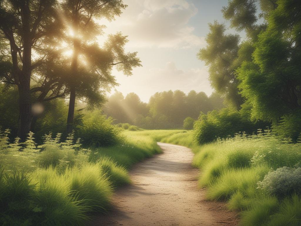 a serene nature setting with a path leading through lush