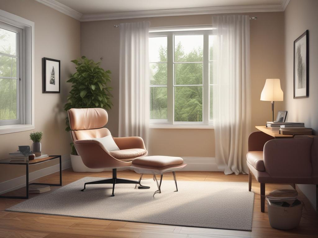 a calm therapist's office with soft lighting, a comfortable chair,