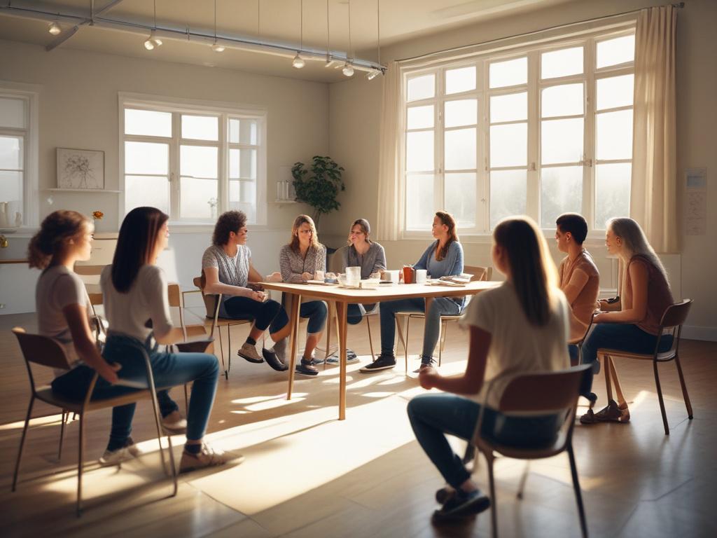 A vibrant workshop setting with a facilitator leading a group