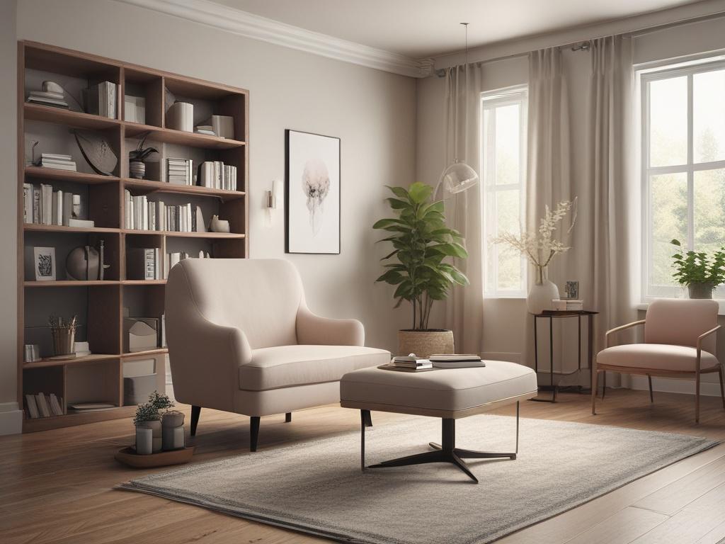 A serene therapist's office with a comfortable chair, soft natural