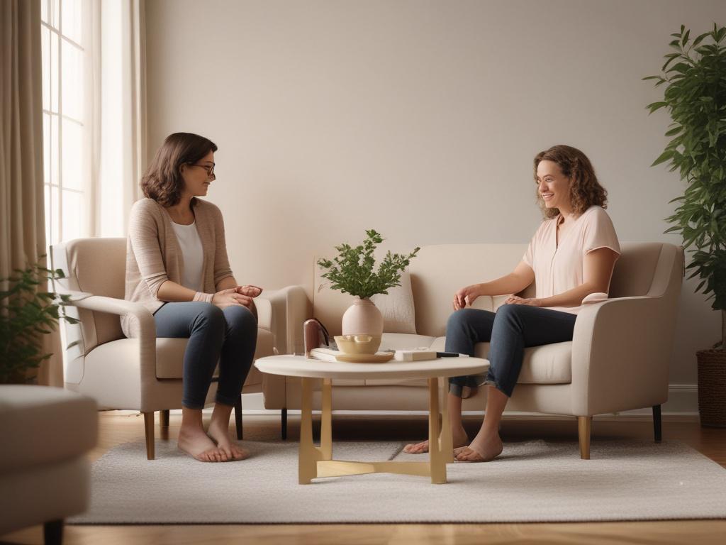 A therapist and client engaged in a warm, open conversation