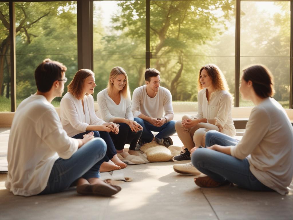 A supportive group session in a peaceful setting, with individuals