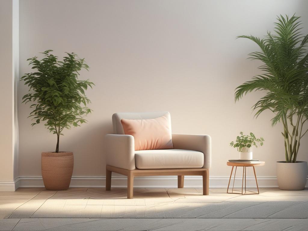 A serene and peaceful therapy room with soft lighting, featuring a comfortable chair and a small table with a plant, evoking a calming atmosphere.