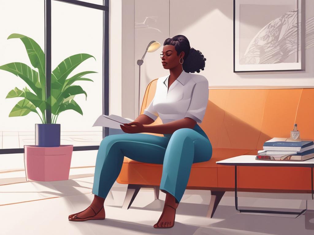 A clean and vibrant geometric illustration of a therapist listening attentively to a client in a serene, warmly lit room. The therapist, a middle-aged Black woman, is sitting in a comfortable chair, with a notepad in hand. The client, a young man, appears engaged and reflective. The background should feature calming colors, with elements that suggest a safe and welcoming environment.