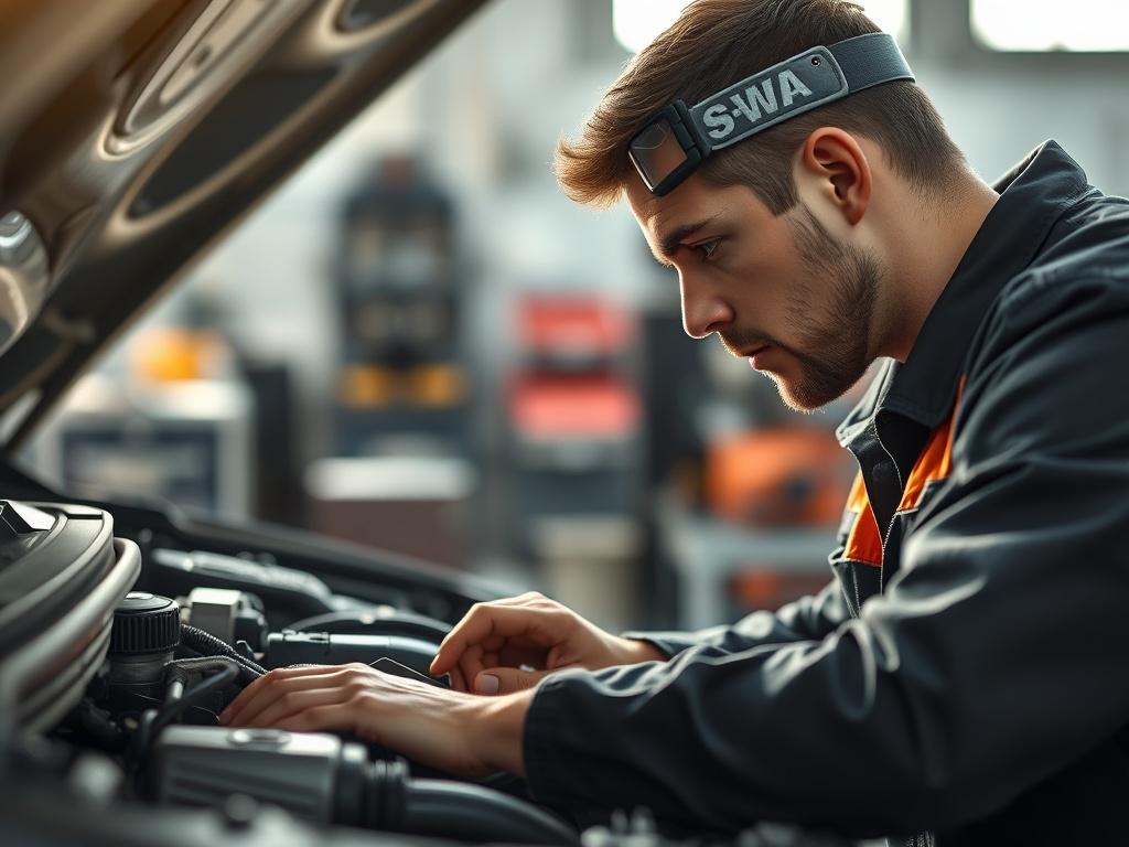 A close-up shot of a mechanic inspecting a car's engine, showcasing tools and detailed vehicle components. The mechanic, focused and professional, wears a uniform and safety gear. Soft natural light enhances the scene, with a blurred workshop background, emphasizing the mechanic's meticulous attention to detail.