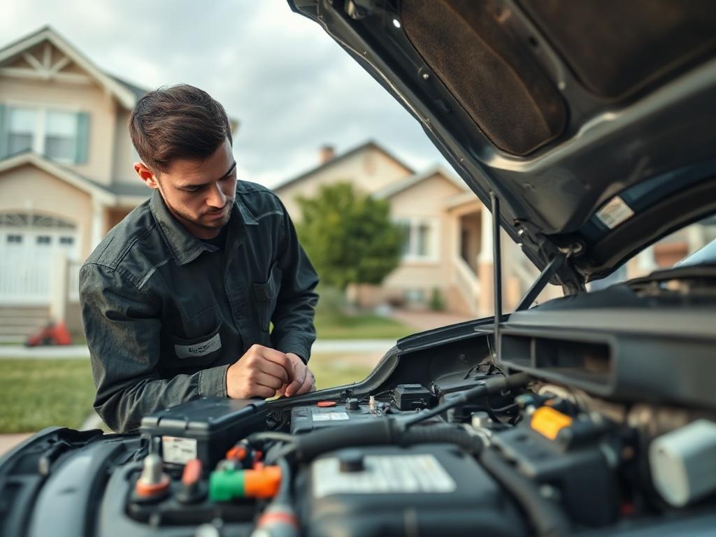 A close-up shot of a mobile mechanic performing general repairs on a vehicle at a customer's home. The mechanic is focused on replacing a car battery, with tools scattered around and the car hood open. The background includes a residential setting, showcasing a calm suburban neighborhood. The image should be hyper-realistic, with attention to detail on the mechanic's equipment and the car's interior, shot with a 45mm f/1.2 lens to emphasize the subject.