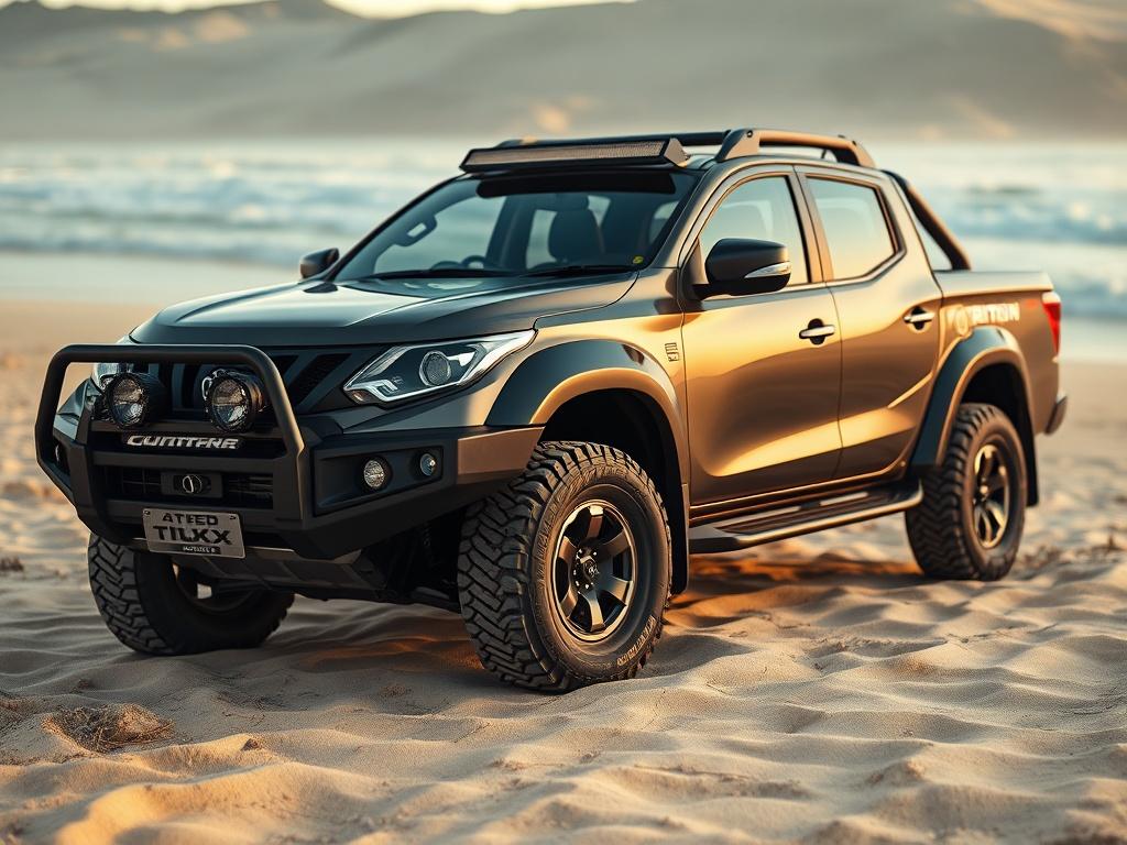 A close-up shot of a 4WD Triton GLX-R parked on a sandy beach. The vehicle should be the focal point, exhibiting its rugged design and features. The background should include soft, golden sand and a hint of ocean waves in the distance, suggesting an adventurous outdoor setting. The lighting should be warm, reflecting a sunny day, with the vehicle's details prominently highlighted.
