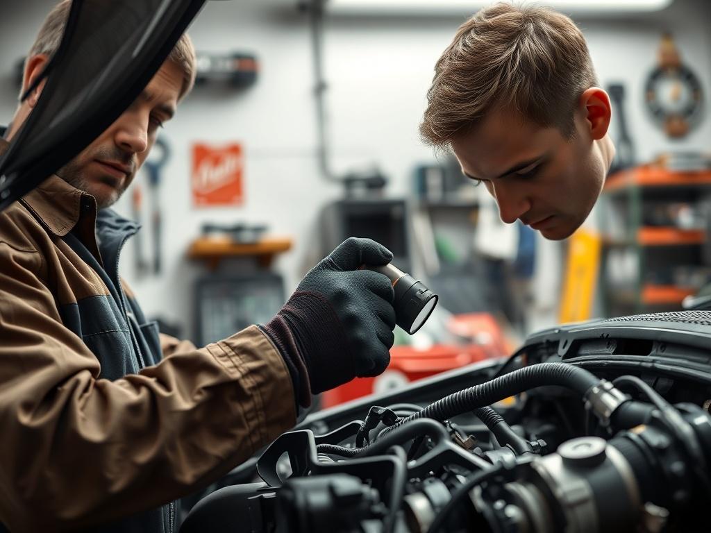 A close-up shot of a mechanic inspecting a used car engine in a well-lit garage. The mechanic is focused, wearing safety gloves, looking at the engine components with a flashlight. The background shows tools and automotive equipment neatly arranged. The image should convey professionalism and attention to detail. 4WD<br>