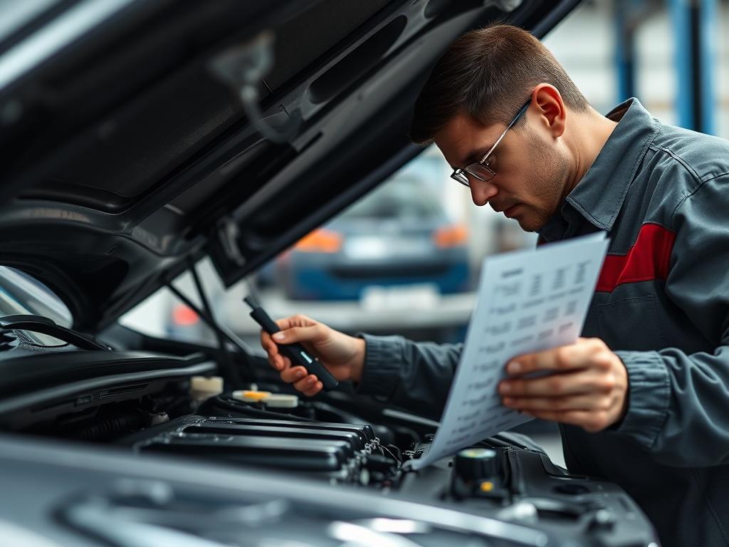 A close-up shot of a mechanic examining a car engine with focused attention, showcasing tools and a checklist in hand. The background is softly blurred, emphasizing the mechanic's detailed work. The image captures the essence of professionalism and expertise in automotive inspections, framed in a way that highlights the importance of thorough vehicle assessments.