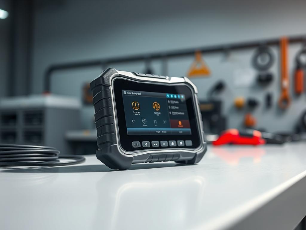 A close-up shot of a Foxwell scan tool, prominently displayed on a clean, simple workbench. The tool should be in focus, showcasing its screen and buttons clearly. The background should be softly blurred, highlighting the tool as the main subject. The lighting should be bright yet natural, emphasizing the sleek design of the scan tool. The color scheme should align with the primary color rgb(50, 170, 39), with hints of this color subtly present in the background or reflections.