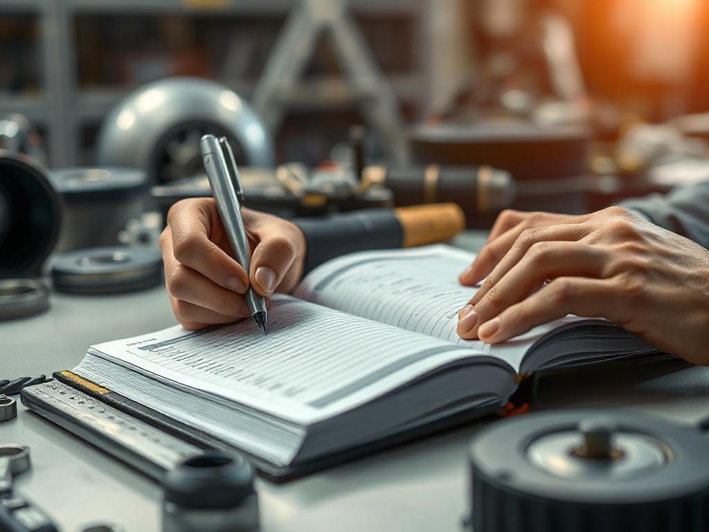 A close-up shot of a mechanic's hands writing in a vehicle servicing logbook, surrounded by automotive tools and parts on a clean workbench. The background should be slightly blurred to emphasize the logbook, which is open and displayed prominently with visible entries. The lighting should be warm and inviting, showcasing the meticulous nature of the mechanic's work. The image should evoke a sense of professionalism and attention to detail.