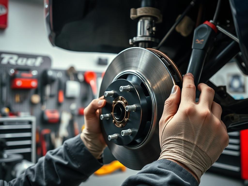 A close-up shot of a mechanic's hands replacing brake pads and rotors on a car. The mechanic is focused on the task, showcasing the brake components clearly. The background is a well-organized garage with tools and equipment neatly arranged. The lighting is bright and emphasizes the details of the brake system. The image should evoke a sense of professionalism and expertise in automotive repair.