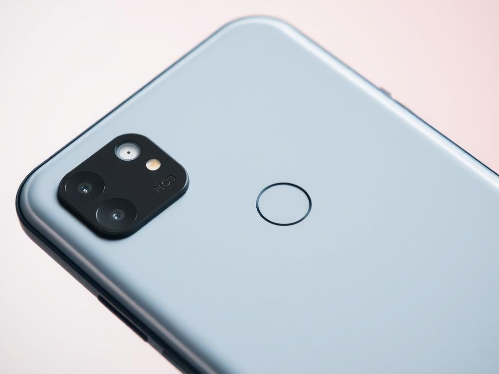 A close-up shot of the Google Pixel 9a smartphone, showcasing its sleek design and vibrant colors (Iris, Obsidian, Peony, Porcelain). The background should be softly blurred to highlight the phone, with a focus on the details of the device, shot with a 45mm f/1.2 lens style.
