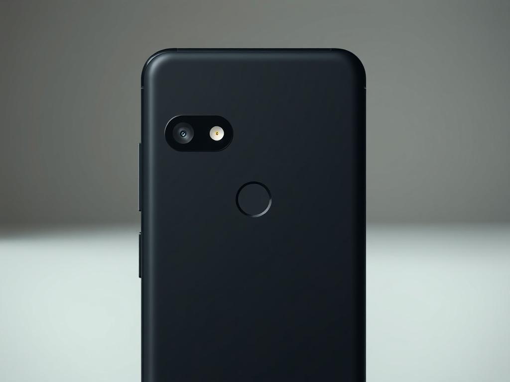 A hyper-realistic close-up shot of the Google Pixel 9a in Obsidian color, showcasing its sleek design and premium finish. The image should have a simple and clear composition with the phone as the only subject. Use a blurred background that enhances the focus on the device, capturing the essence of modern technology and elegance. Ensure the lighting highlights the features of the phone, reflecting a sophisticated and secure mobile experience.
