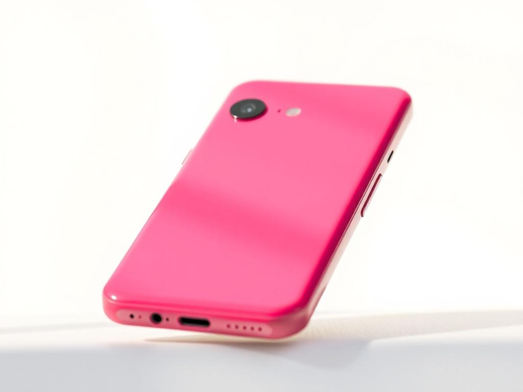 A close-up shot of the Google Pixel 9a in Peony color, featuring its sleek design and vibrant color. The phone should be centered on a simple, soft-focus background that highlights the device's details. The lighting should be bright and natural, showcasing the glossy finish of the phone. The image should be rendered in high-resolution, capturing the texture and color accuracy, shot with a 45mm f/1.2 lens style.