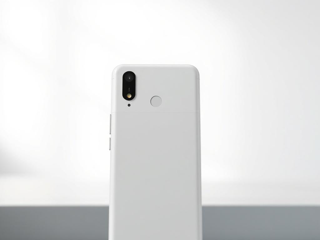 A hyper-realistic close-up shot of a Google Pixel 9a smartphone in Porcelain color, showcasing its sleek design and premium finish. The background is minimalistic and softly blurred to emphasize the phone's features, highlighting its screen and camera. The lighting is soft yet bright, enhancing the Porcelain color and creating an inviting appearance. The image should evoke a sense of modern technology and security.